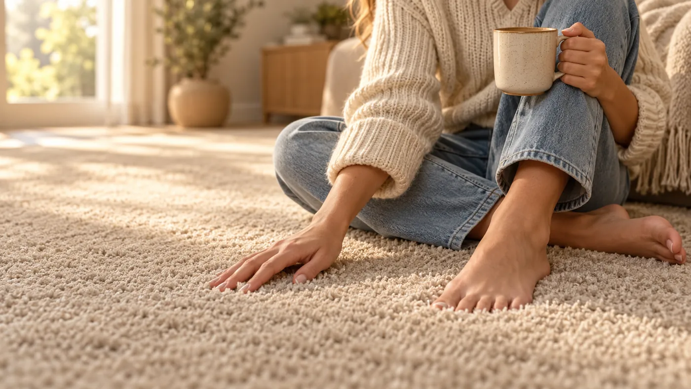 Plush beige carpet in a sunlit living room