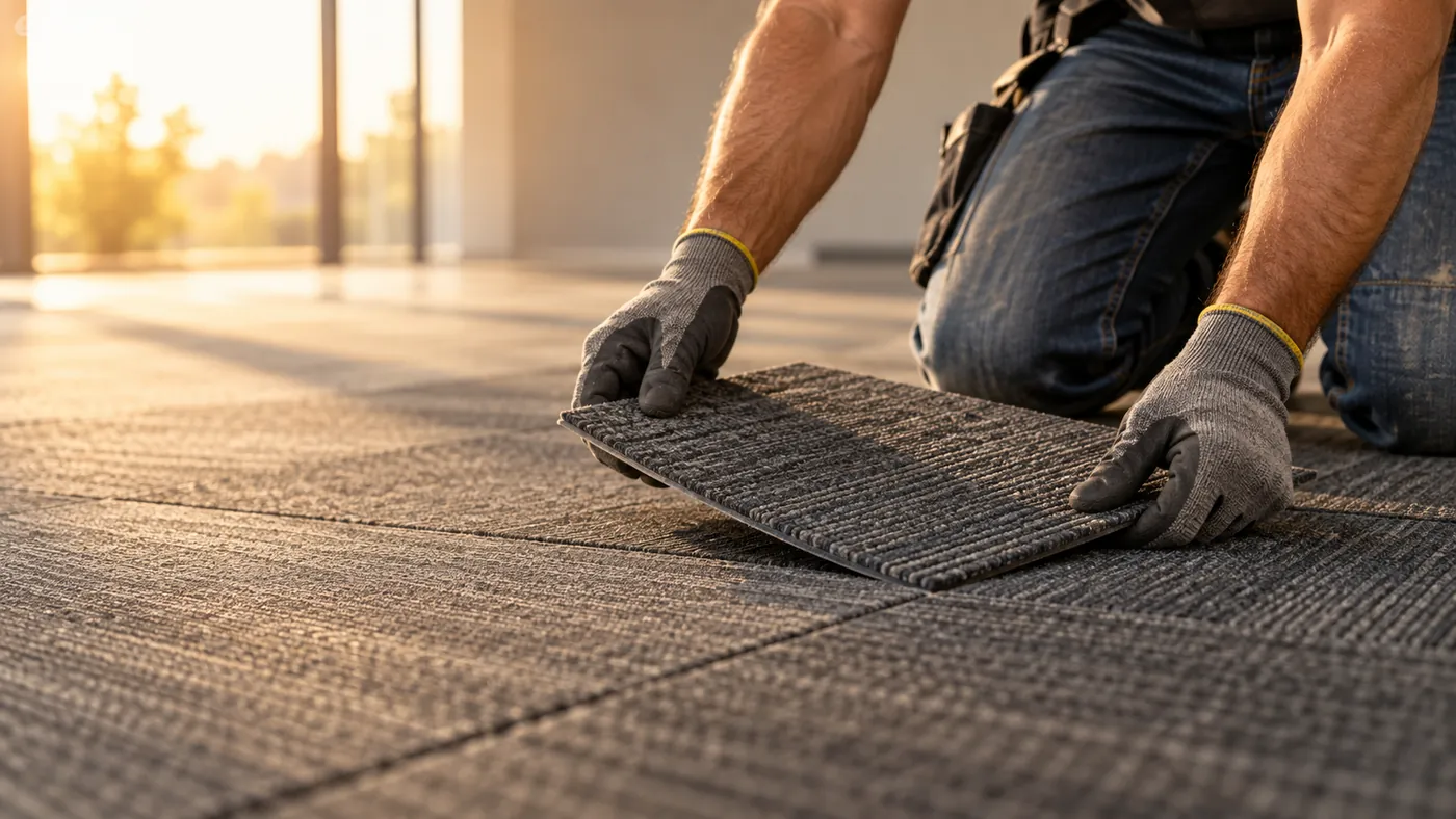 Installer laying a modular carpet tile next to the ones already down