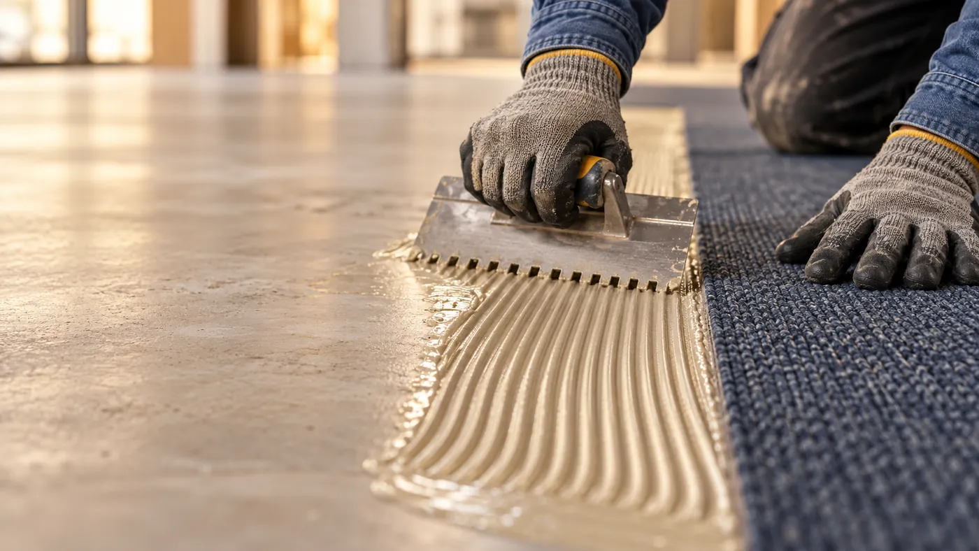 Adhesive spread with a notched trowel and carpet pressed down onto it