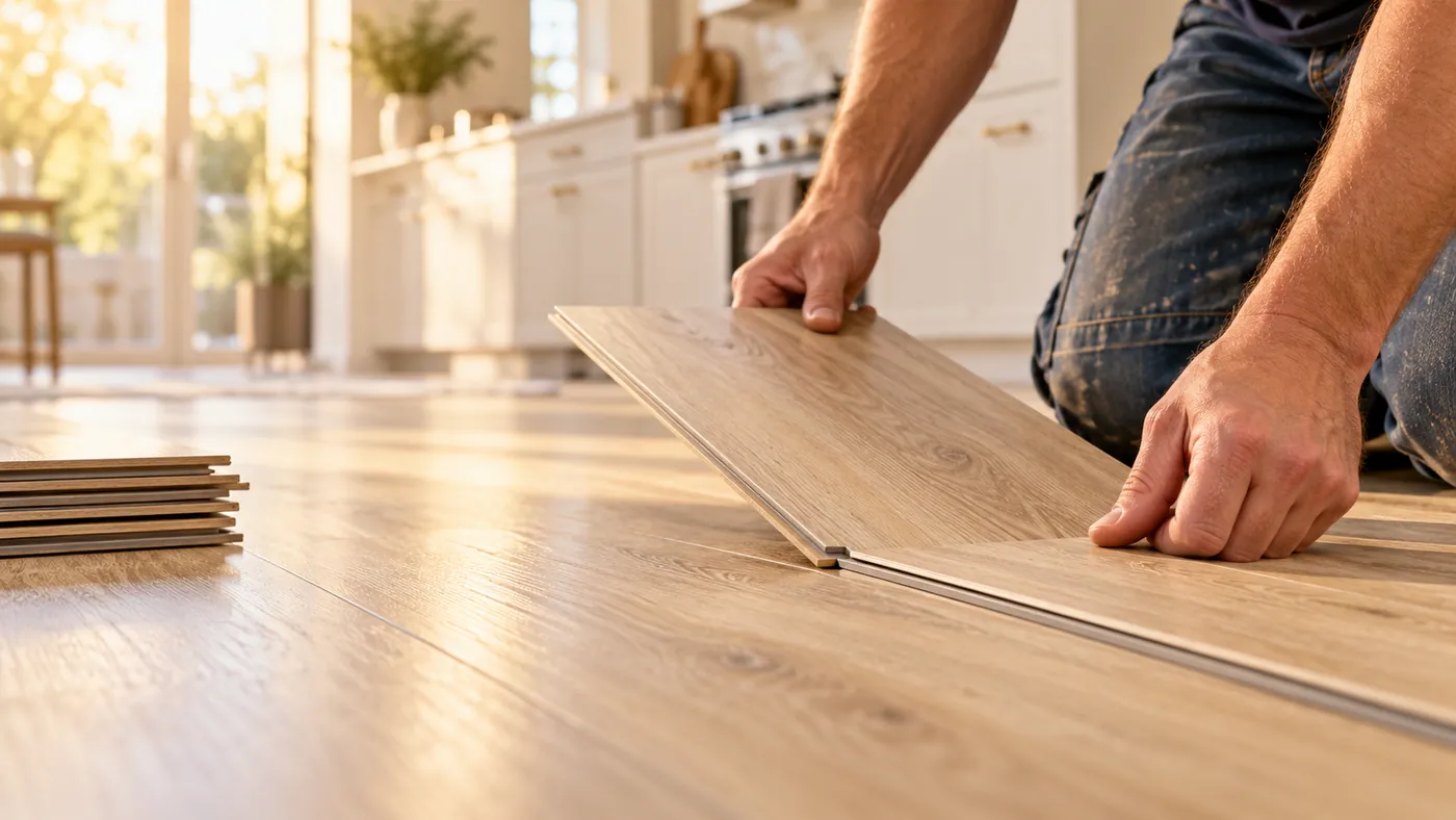 Click-lock plank being laid over a kitchen floor