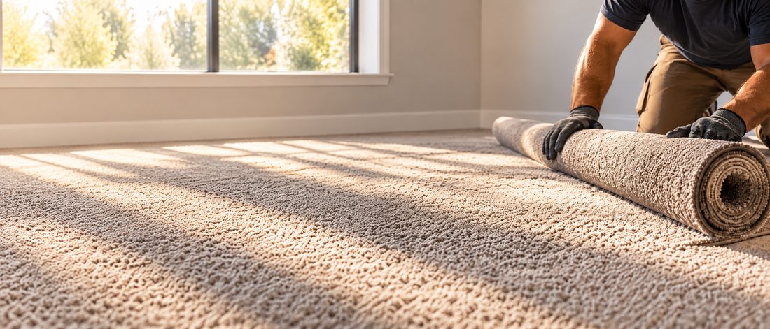Installer unrolling new carpet across a room