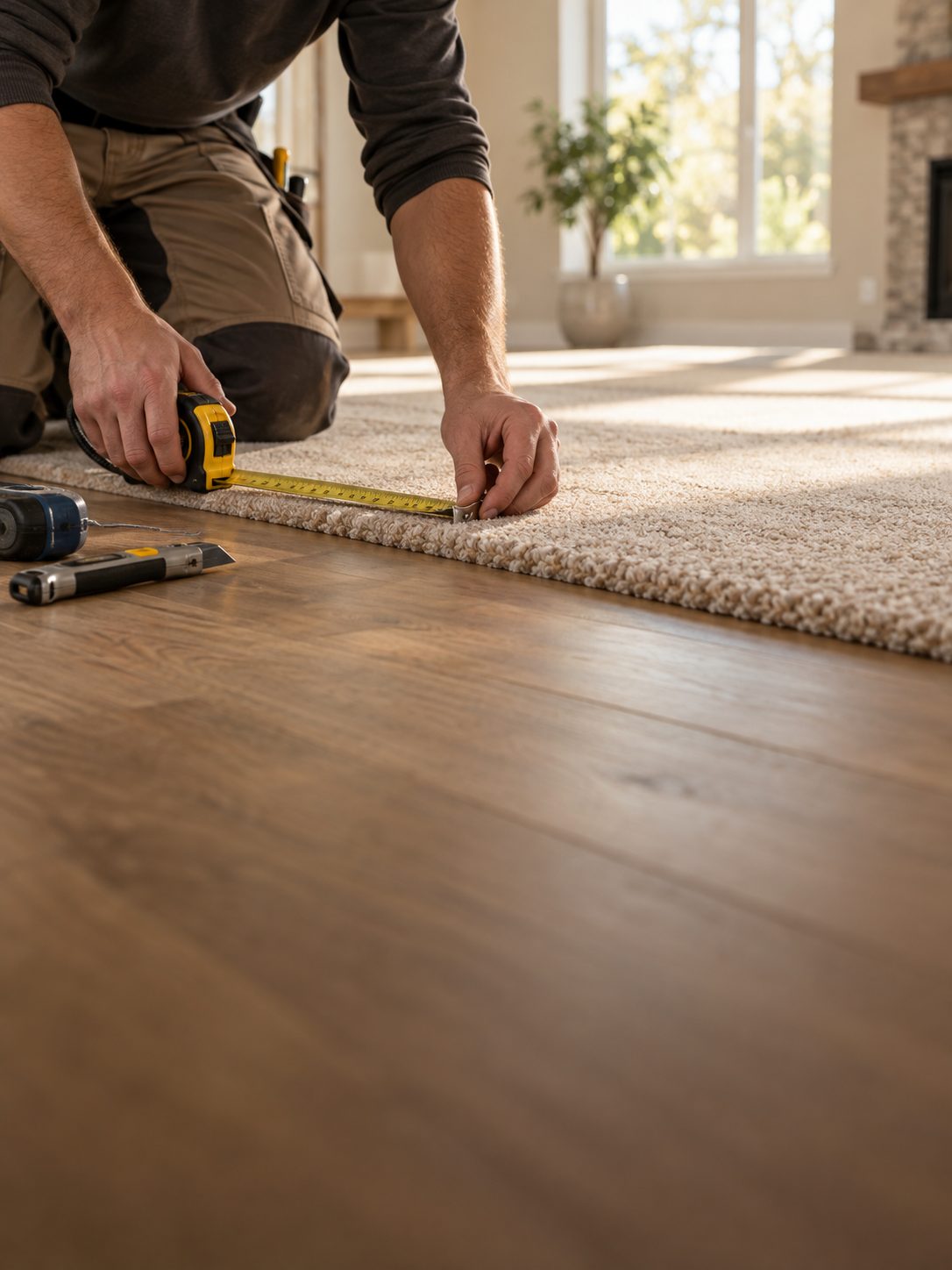 Carpet installer measuring the edge of a new carpet with a tape measure