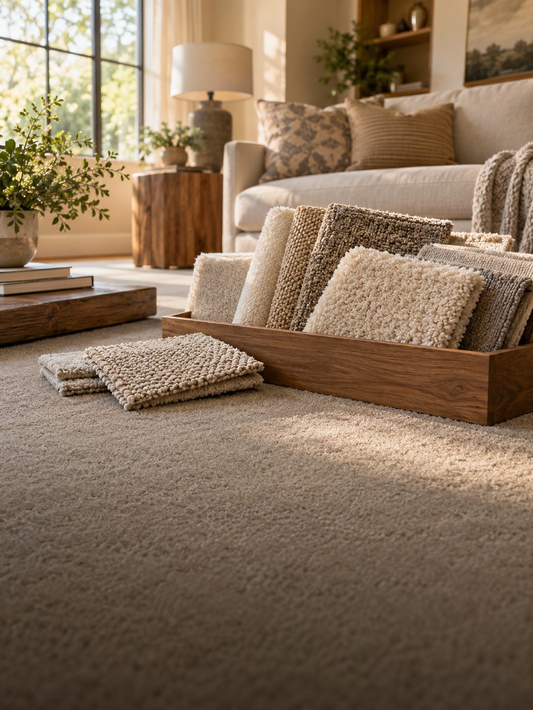 Carpet samples in a wooden tray in a living room