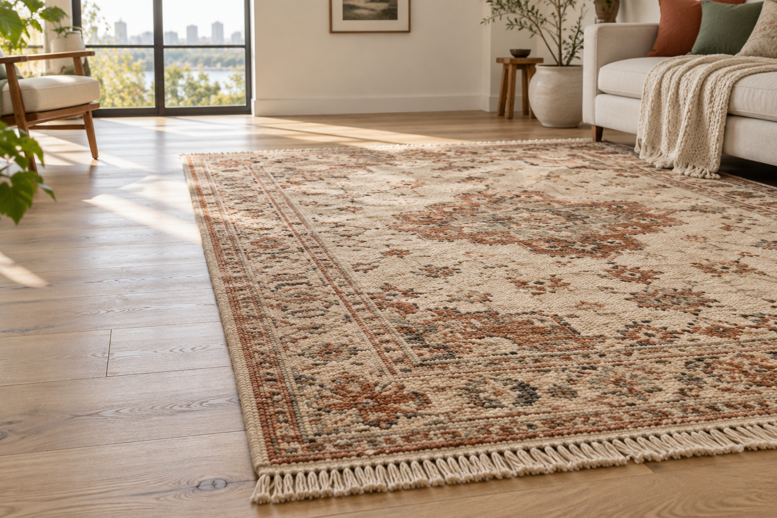 Soft woven area rug over light oak flooring